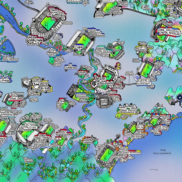 RUGBY - La Carte de France des clubs de Rugby à XV - Cartographie réalisée à la main en septembre 2023