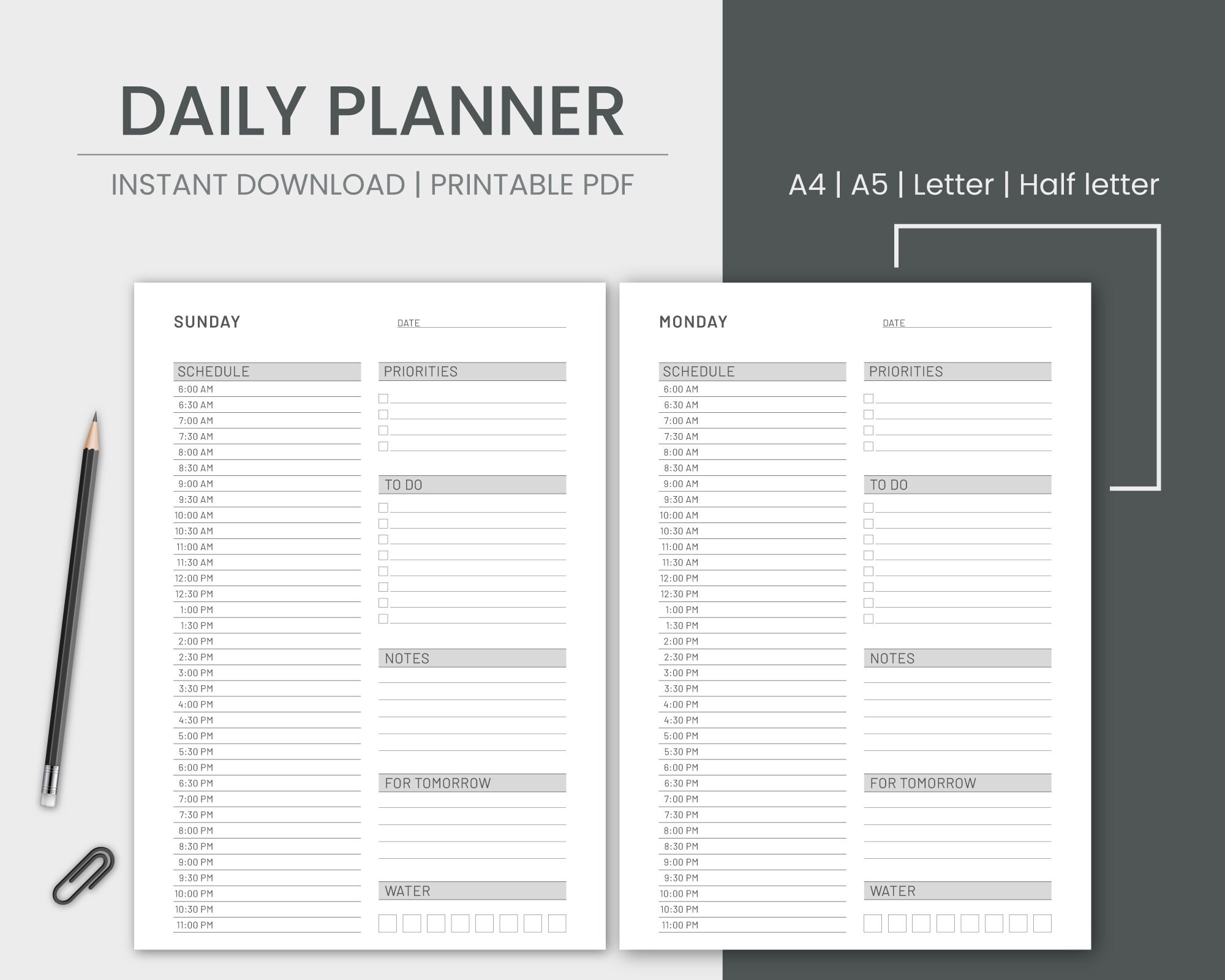 7 Day Planner Printable, Daily To Do List, Daily Schedule, Instant Download, Half Hourly Planner, Personal Planner, A5/A4/Letter/Half Letter
