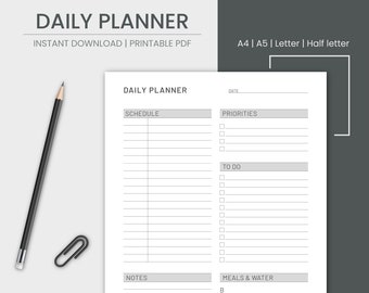 Minimalist Daily Planner Printable, Daily To Do List for Work, Day Planner PDF, Instant Download, Daily Schedule, A5/Half Size/A4/Letter