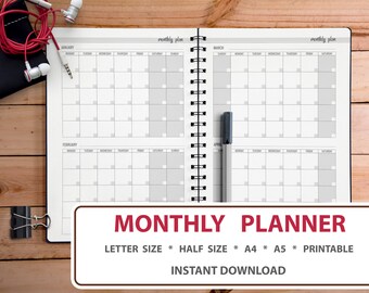 Monthly Planner, Monthly Planner Inserts, Monthly Inserts for Planner, Planner Inserts A5, Monthly Insert Letter, Filofax Inserts Monthly