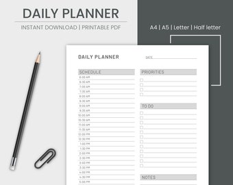 Daily Hourly Planner Printable, Daily Schedule, Printable Daily Planner, Work Daily Planner, Productivity Planner, A5/A4/Letter/Half Letter