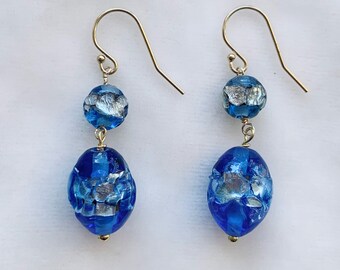 Boucles D'oreilles Clous Perles Murano Bleues Scintillantes - Verre Et Plaqué Argent