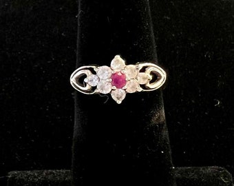 Vintage Silver, Ruby, and Diamond Flower Ring