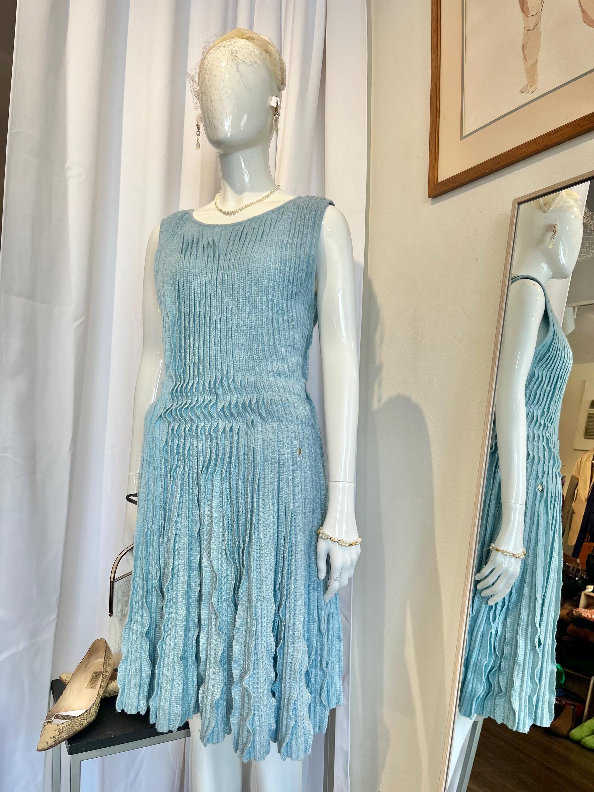 Vintage 2000's Chanel Paris Versailles Baroque Pleat Cashmere Dress in Light Blue
