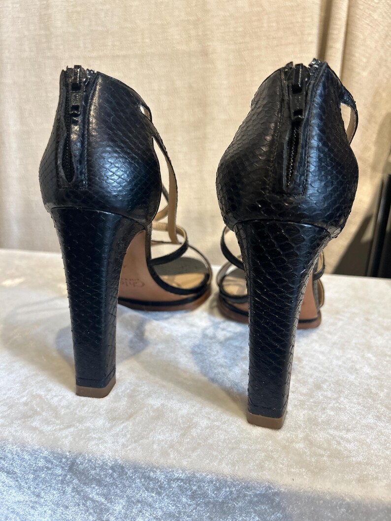 May include: Pair of black high-heeled sandals with a snakeskin texture. The heels are thick and square, with a zipper closure at the back. The straps are thin and delicate, and the soles are a light brown color.