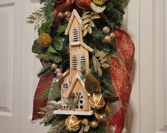 Christmas Swag with Church, Holiday Door Decor with Burgundy Ribbon, Outdoor Christmas Wreath, Elegant Winter Outdoor Decor, Handmade Gift