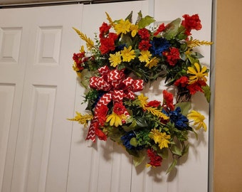 Summer Outdoor Wreath, Front Door Wreath, Grapevine Wreath, Brightly Colored Wreath, Red, Wreath with flowers, Handmade Gift, Summer Decor