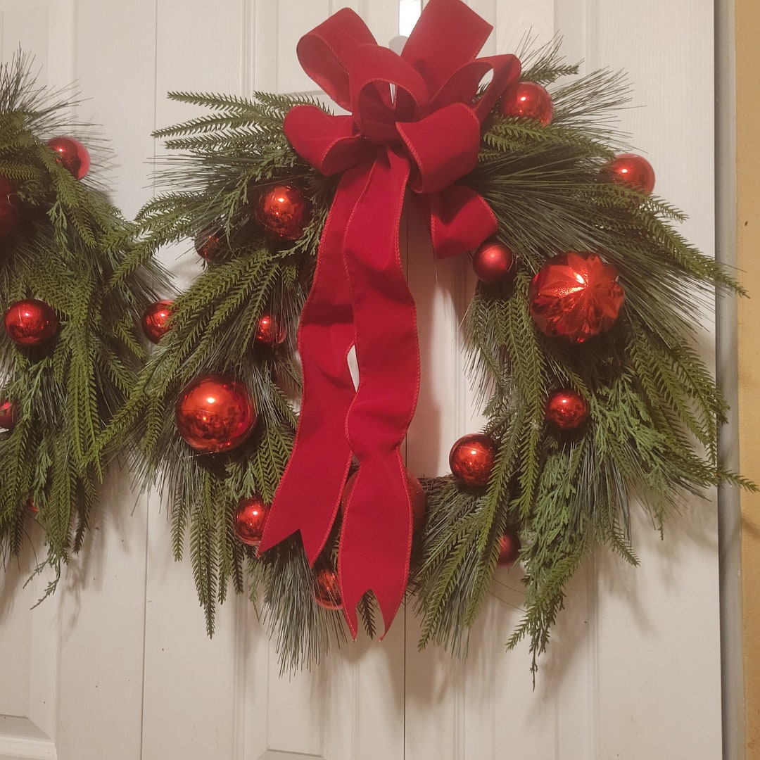Pine Wreath With Red Velvet Bows Front Door Christmas Pine Wreath ...