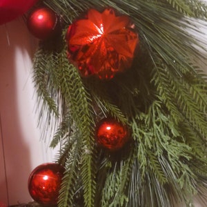 DOUBLE DOOR Traditional Pine Xmas Wreaths, Pine Xmas Wreaths with Red Velvet Bows and Red Ornaments, Front Door Christmas Wreaths, Door Deco