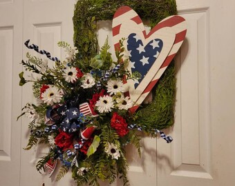 Patriotic Moss Wreath, Red White and Blue Year Round Wreath, Outdoor Wreath, Front Door Moss Wreath,  Elegant Handcrafted Designer Wreath
