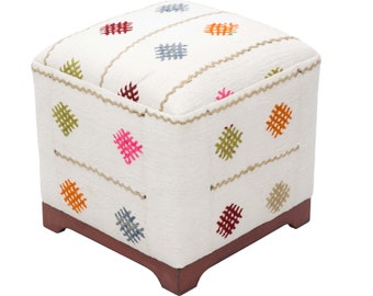 Vintage Kilim Upholstered Cube Ottoman