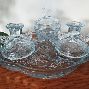 blue glass dressing table set 6 Piece, Blue glass dressing table set. Pattern number 2612 Made by Sowerby Glass, Gateshead, England Dates from 1930s. For more details use the following link https://decoinstylevintage.etsy.com/listing/1242912044 #sowerby2612dressingtableset