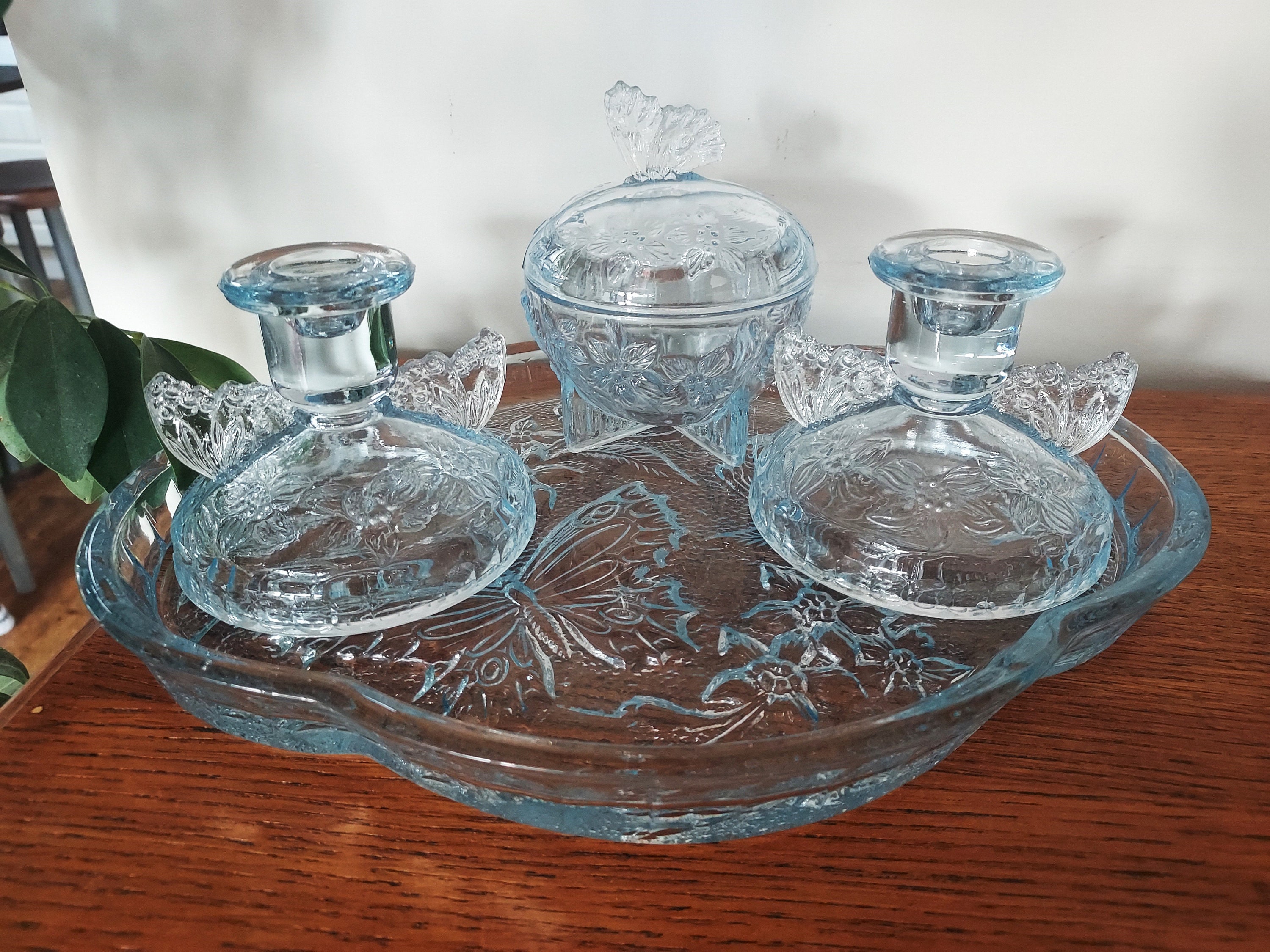 Beautiful Vintage Blue Glass Dressing Table Set. Butterfly Motif. Pretty  Winged Candleholders. Lidded Dish With Butterfly Handle. Gift Idea - Etsy