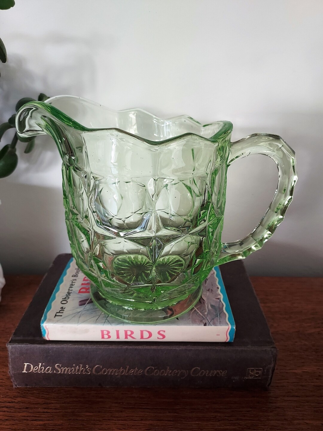 Large Vintage Green Glass Jug. Water Jug. Pimms Pitcher. Lemonade Jug