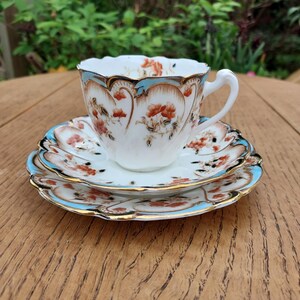 Exquisite Antique Teatime Trio for One. Pretty Gold Rim. Cup, Saucer & Side Plate. Floral Design. Stunning Turquoise Detail. Tea Lover Gift