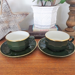 Pair of Large 'Apilco' Americano/Cappuccino Cup and Saucer Duo. Vintage Green & Gold Porcelain. Bistro Style Coffee Cup Duo Set. French Vibe