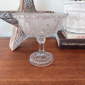 Stunning Antique Bonbon Dish. Footed Pressed Glass Sweetie Dish. Fleur de Lys Design. Beaded Rim. Highly Decorative Glassware. Lozenge Mark