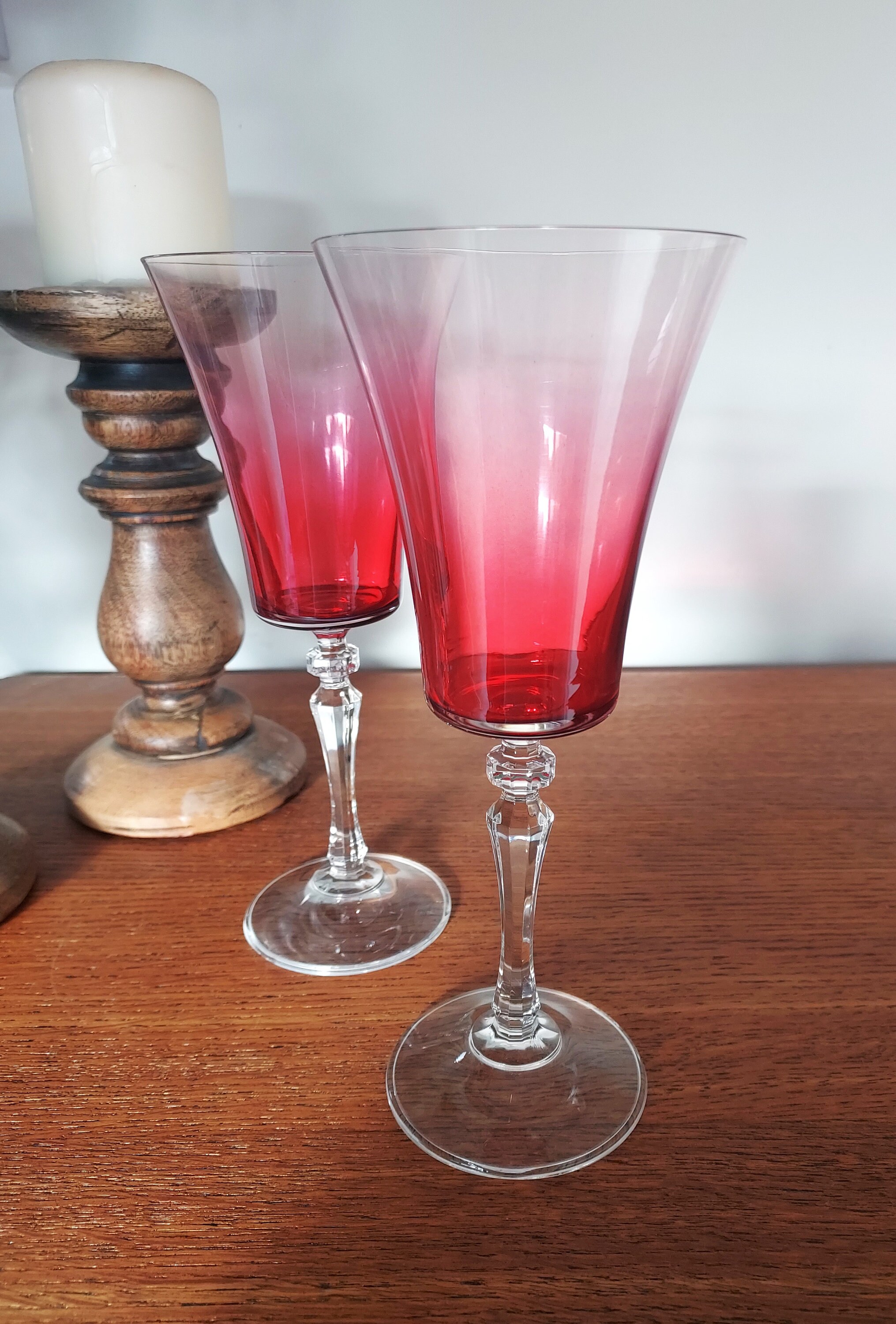 Pair of Tall Pinkred Vintage Wine Glasses. Beautiful Decorative Stems.  Trumpet Rims. Perfect Romanticmothers Dayruby Anniversary Gift - Etsy