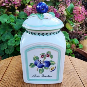 Villeroy & Boch Lidded Canister. Prunus Domestica. Container from the French Garden Range. 3D Prune and Blossom Lid. Country Kitchen Décor
