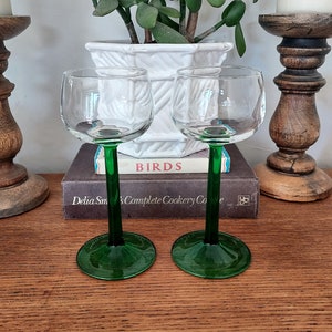 Pair of Green Stemmed Vintage French Wine Glasses. Luminarc. Stunning Apple Green Stem. Vintage French Glassware. Home Bar. Hock Glasses.