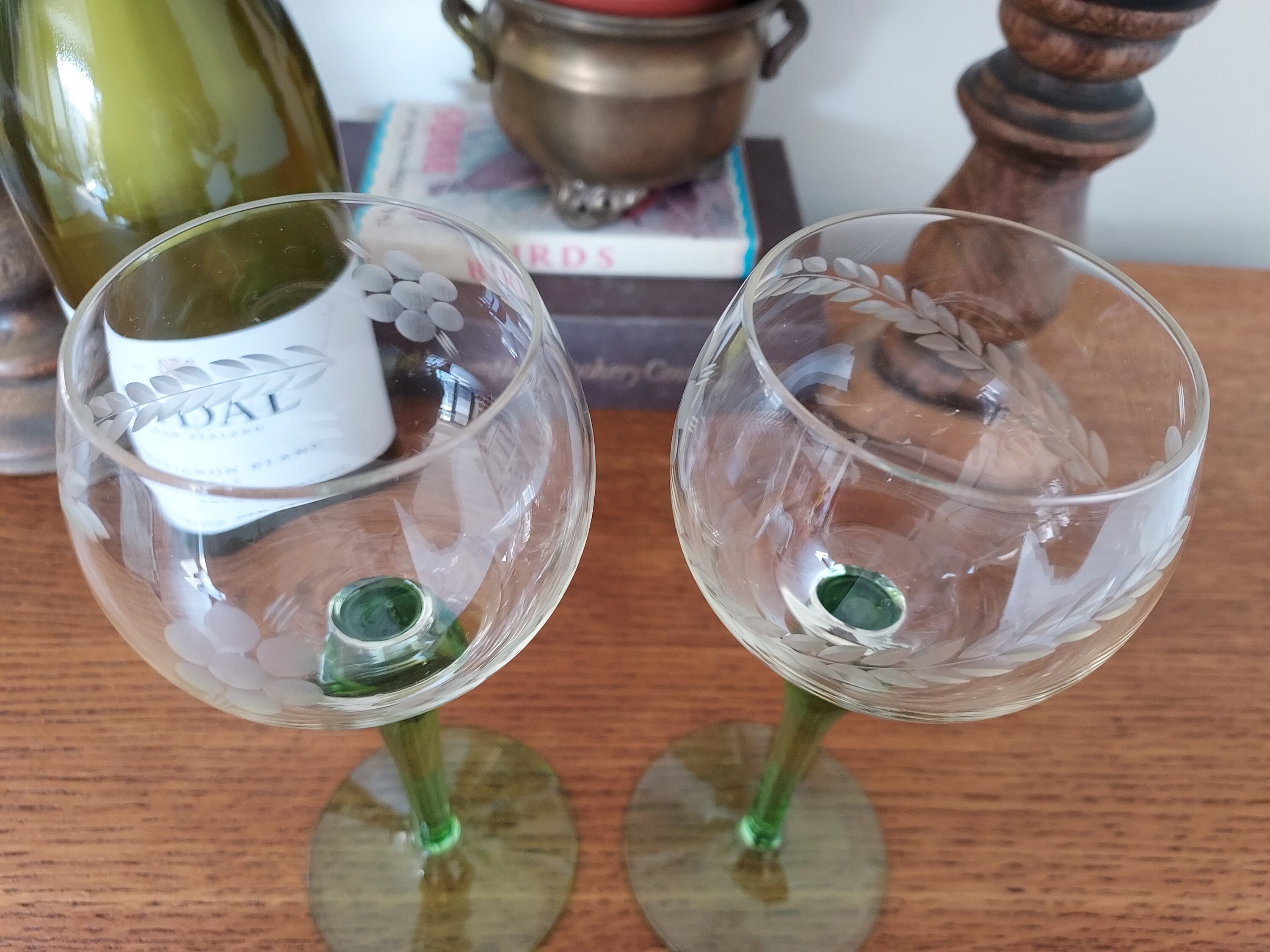 Etched Vintage French Wine Glasses Green Stemmed. Pair Wine Etsy