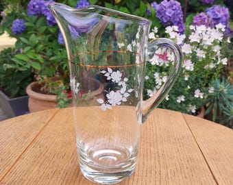 Vintage Dema Jug. Pinched Spout Pitcher. Gold Rim with White Floral Motif