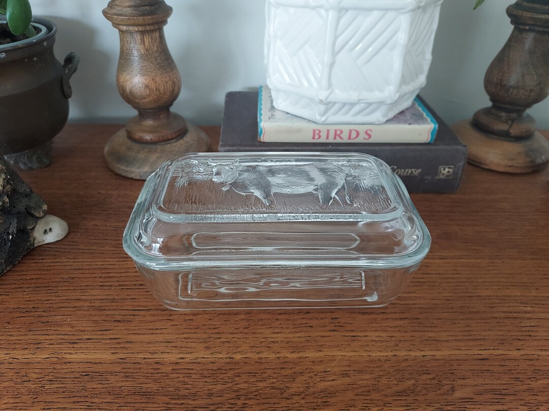 Vintage French Glass Butter Dish. Arcoroc Lidded Butter Dish. Cow