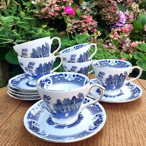 6 Duchess Bone China Cups & Saucers. Blue and White Willow Design. 12 Piece Teatime Set. Iconic Willow Vintage China. Afternoon Tea.