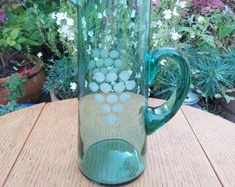 Tall Vintage Green Jug with Etched Grape Design. Hand Blown Glassware