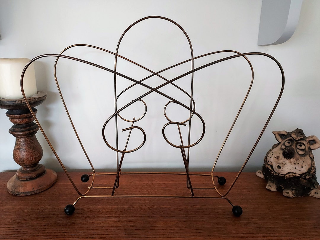 Funky Retro Magazine Rack. Gold Tone With Black Ball Feet. Atomic ...