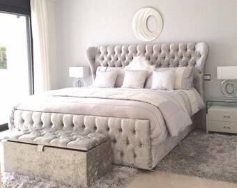 Linen TALL HEADBOARD PLUSH WINGBACK BEDCustom Chesterfield Buttoned Velvet