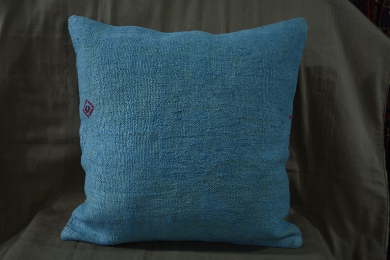 971- Blue Hemp Pillow Cotton Pillow 24x24 inch 60x60 Cm Blue Pillow Handwoven Turkish Kilim Pillow Decorative Throw Pillow