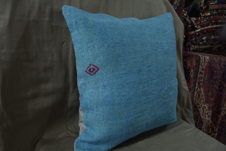 971- Blue Hemp Pillow Cotton Pillow 24x24 inch 60x60 Cm Blue Pillow Handwoven Turkish Kilim Pillow Decorative Throw Pillow