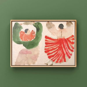 May include: A watercolor painting of two figures dancing. One figure wears a green and red dress, while the other wears a red and white dress. The painting is framed in a light wood frame.