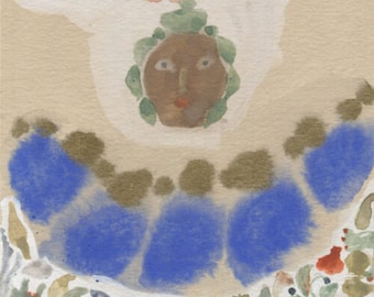 Può includere: Un dipinto ad acquerello di una persona con il viso marrone e una corona blu e verde. La persona indossa una collana blu ed è circondata da una varietà di piccole forme colorate.
