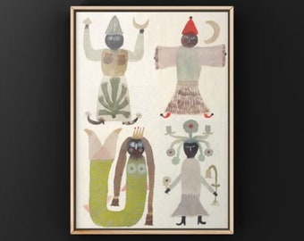 Può includere: Un'illustrazione colorata di quattro figure con dettagli fantasiosi. Le figure sono dipinte in uno stile di arte popolare su uno sfondo bianco. Le figure indossano corone, cappelli e altri accessori.