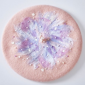 Handmade Wool Felt Beret - Pink Floral Galaxy