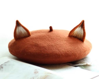 Handmade Wool Felt Animal Beret Hat - Fox Ears (Adult / Child Sizes)