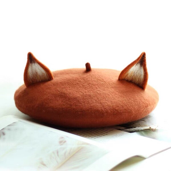 Handmade Wool Felt Animal Beret Hat - Fox Ears (Adult / Child Sizes)