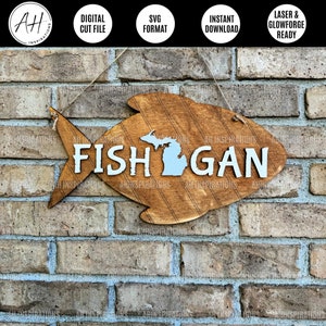 Signo de pesca de Michigan, colgador de puerta de pescador, archivo de corte láser SVG del lago Glowforge, regalo para amantes del aire libre del día del padre, decoración náutica