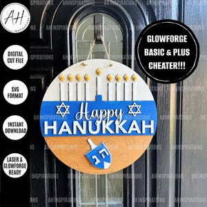 Accroche-porte Happy Hannukah Menorah, fichier de coupe laser Glowforge SVG, signe de voeux juif dreidel, décoration de grande couronne de foi religieuse d'entrée