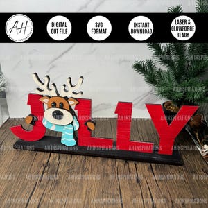 Supporto per mensola natalizia con renna allegra, file SVG di Santa Glowforge tagliato al laser, regalo per dicembre, supporto per decorazione da tavolo per feste invernali
