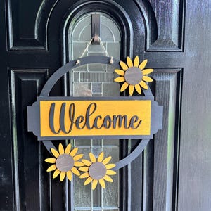 Sunflower Autumn Greetings Welcome Door Hanger Glowforge Basic and Plus Laser SVG Fall Trees Leaves Hanging Sign Autumnal Wood Round