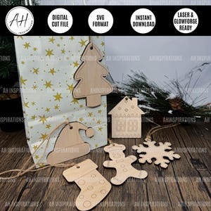 Etiquetas de presente de inverno de Natal, decoração de feriado, arquivo de corte SVG a laser Glowforge, casa de gengibre, árvore de Natal, chapéu de Papai Noel, etiqueta de floco de neve