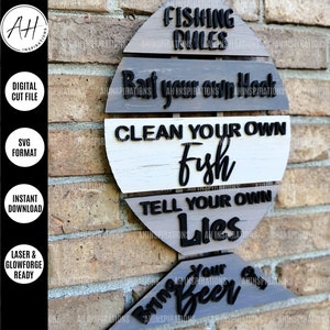 Cartello da pesca, appendino da porta con scritta "Pescatore", file SVG con taglio laser Glowforge Lake, regalo per la festa del papà, decorazione divertente con pesce nautico per papà