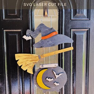 Halloween Welcome Witch Cauldron Door Hanging Large Witches Sign for Glowforge Basic and Plus Laser SVG Cut File Funny Hat Broom Hanger