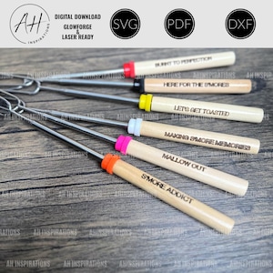 6 divertidos grabados de palitos de malvavisco, archivos de grabado de malvavisco, archivo SVG DXF PDF con láser Glowforge, regalo para verano, picnic, autocaravana, fogata para acampar