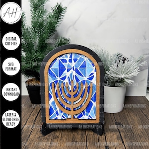 Chanoeka menora tafelbladdecoratie, seizoensgebonden sitter, Glowforge SVG lasergesneden bestand, ingelijst decorcadeau voor Joods lichtfestival
