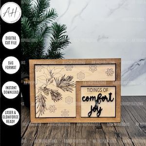 Marco de fotos navideño con mensaje de alegría y consuelo, archivo cortado con láser con el letrero Glowforge SVG de vacaciones, regalo de diciembre para ella, estante para guardar cosas
