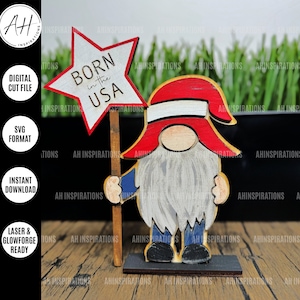 Gnomo patriottico, Gnomo indipendente del 4 luglio, Decorazione da tavolo rosso bianco e blu, Glowforge, File di taglio SVG, Segno del Giorno dell'Indipendenza, 4°